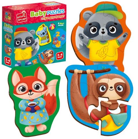 Пазлы картонные с игрой Животные. Игрушки 4 шт