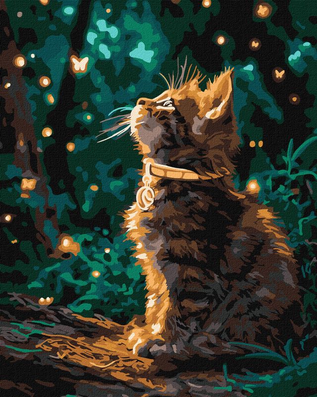 Картина за номерами 40х50 см Кошеня та світлячки з фарбами металік extra