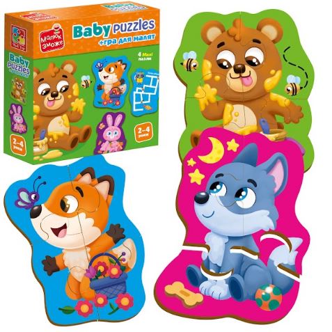 Пазлы картонные с игрой Лесные жители 4 шт