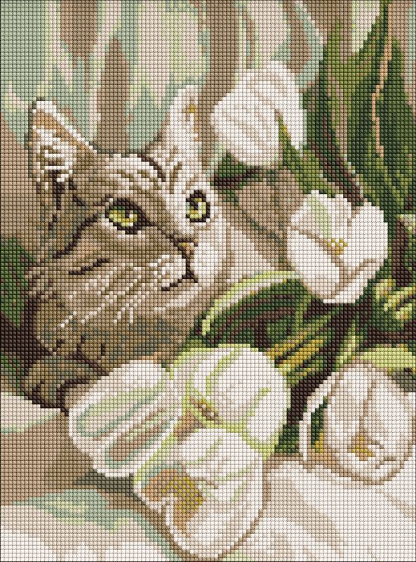 Алмазная мозаика 30х40 см Зеленоглазый кот с тюльпанами