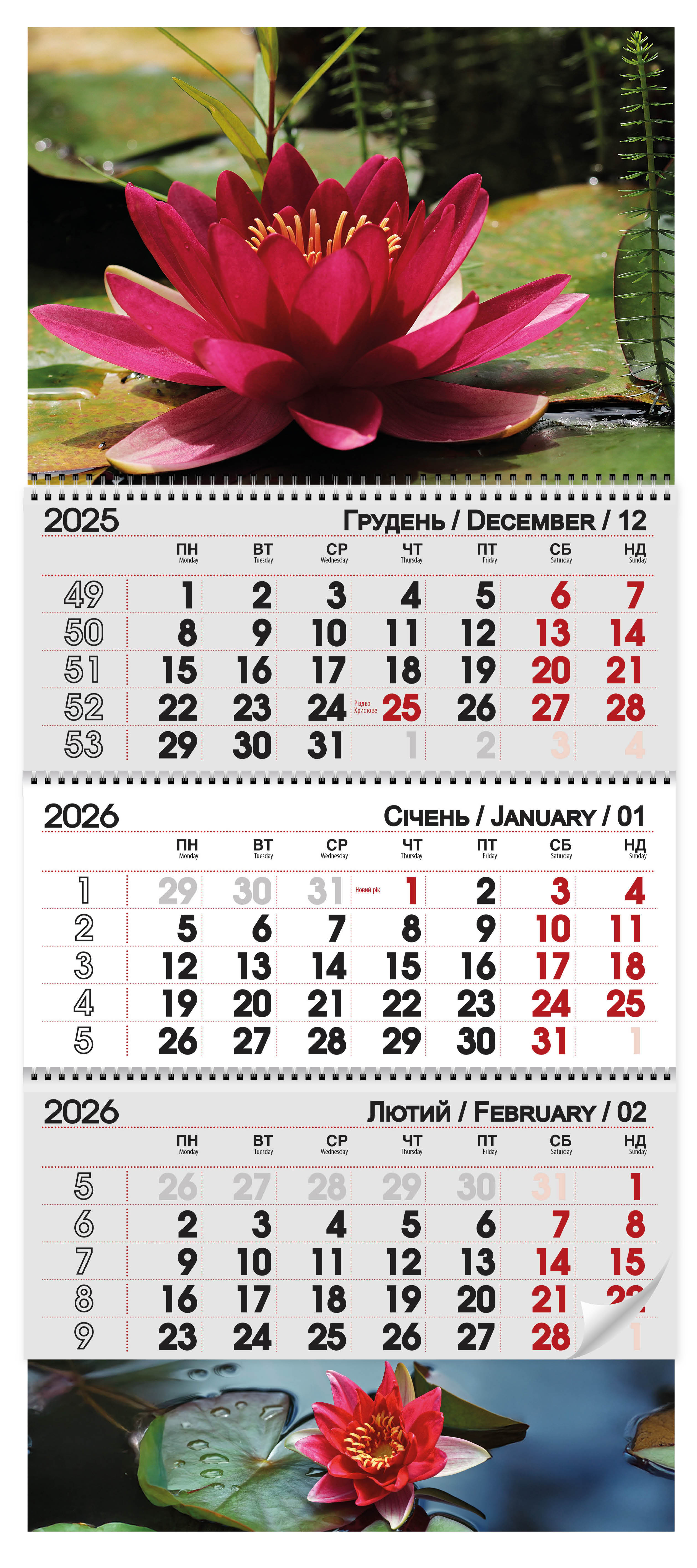 Календар настінний квартальний 3 спіралі 29,7*72,5 Лотос