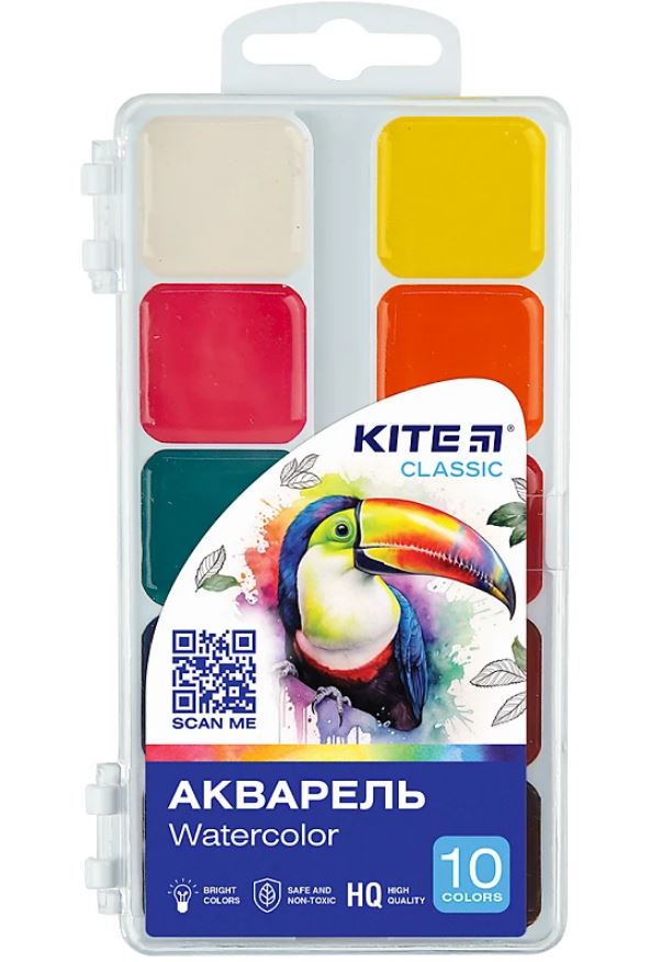 Акварель Kite Classic 10 цв., б/к, пластик