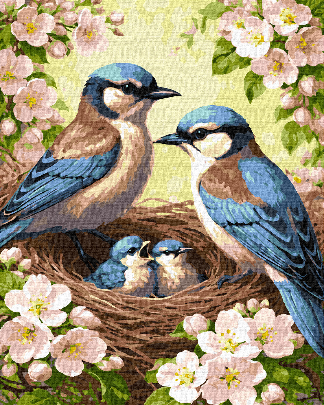 Картина за номерами 40×50 см Родина синиць у цвіті