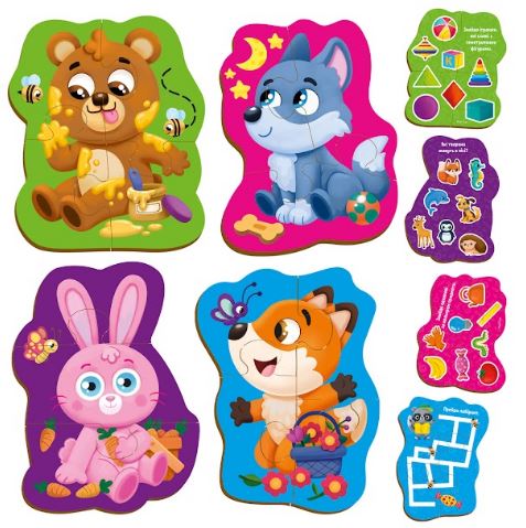 Пазлы картонные с игрой Лесные жители 4 шт