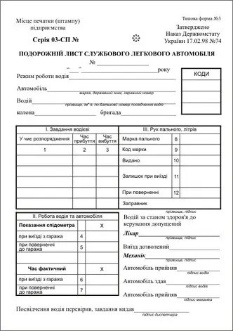Подорожній лист службового автомобіля А5 номерний ф №3 офсет