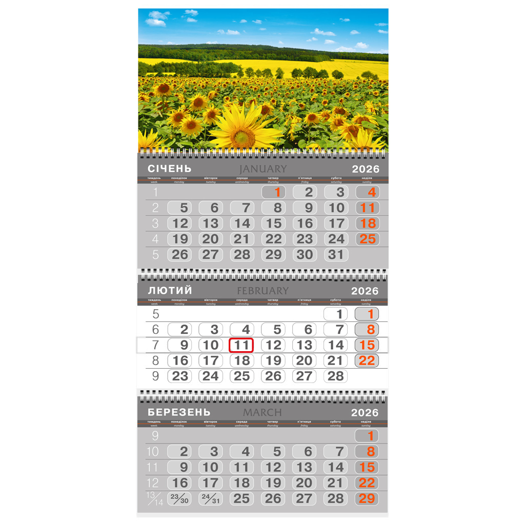 Календар настінний квартальний 3 спіралі 36*68,5 Соняшники