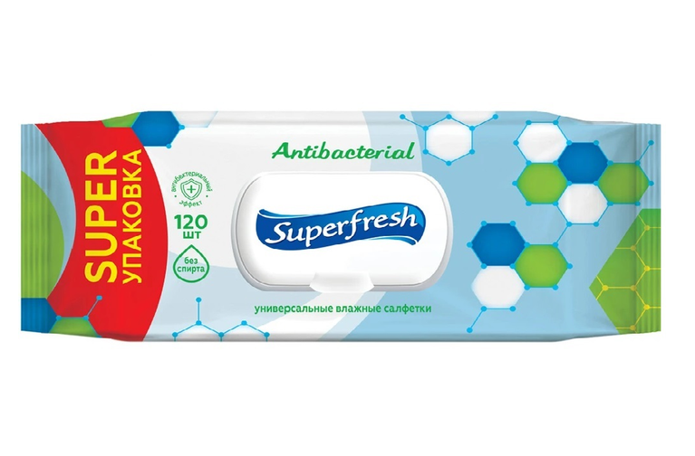 Салфетки влажные 120 шт, Antibacterial Superfresh, с клапаном